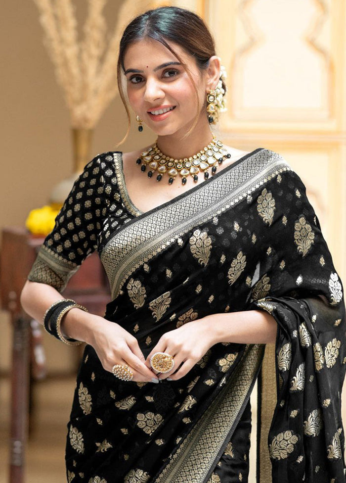 Black Spun Silk Saree With Blouse Piece