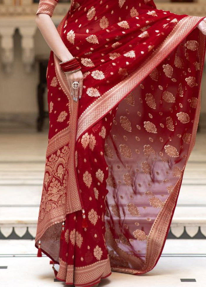 Red Banarasi Silk Saree With Blouse Piece