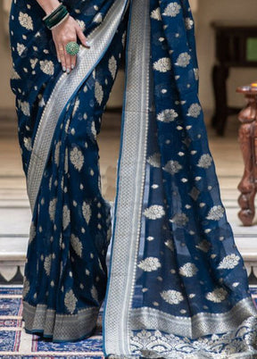 Blue Banarasi Silk Saree With Blouse Piece