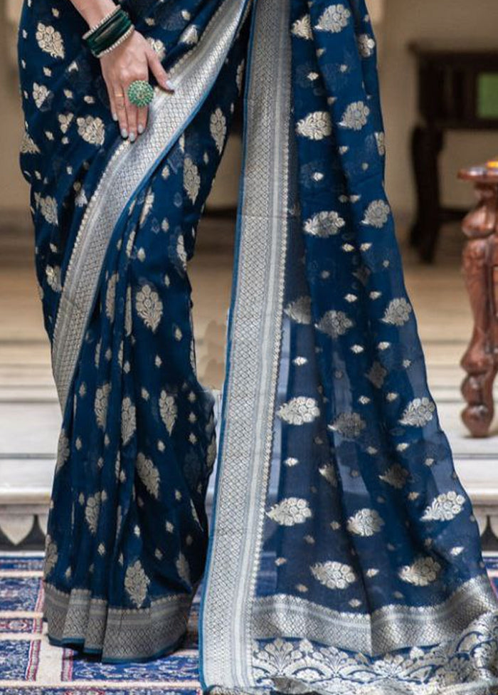 Blue Banarasi Silk Saree With Blouse Piece