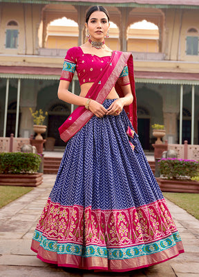 3 Pc Blue Silk Semi Stitched Lehenga Set