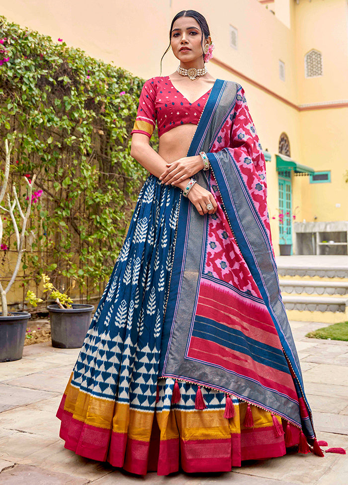 3 Pc Multicolor Silk Semi Stitched Lehenga Set