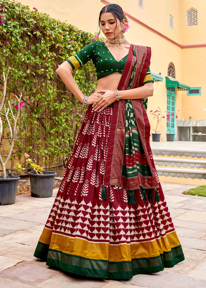 3 Pc Maroon Silk Semi Stitched Lehenga Set