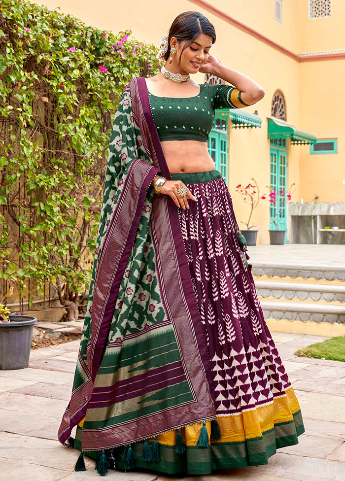 3 Pc Wine Silk Semi Stitched Lehenga Set