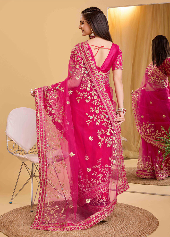 Dark Pink Net Saree With Blouse Piece