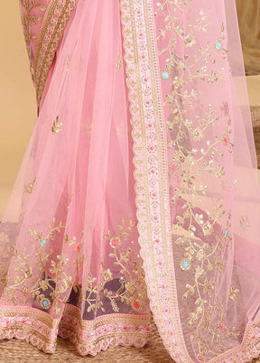 Light Pink Net Net Saree With Blouse Piece