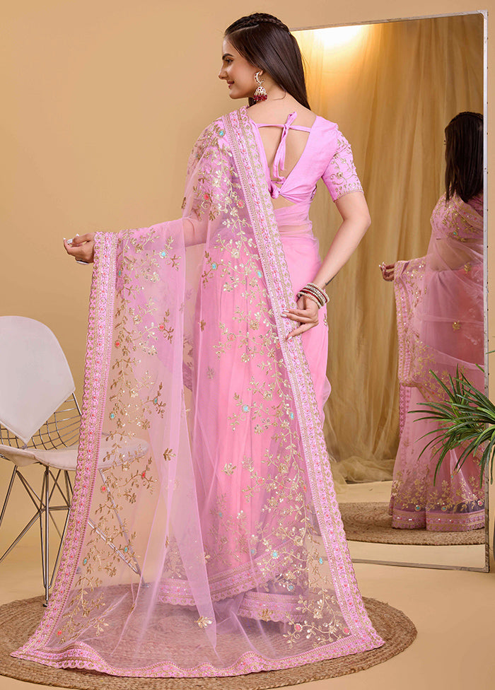 Pink Net Net Saree With Blouse Piece