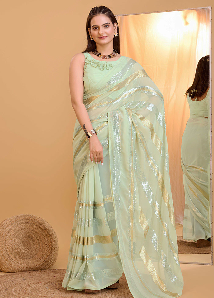 Pista Green Georgette Saree With Blouse Piece