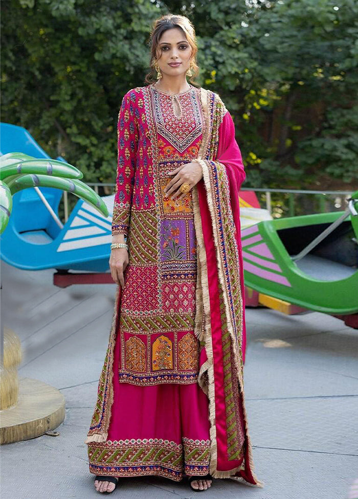 3 Pc Pink Readymade Silk Dupatta Suit Set