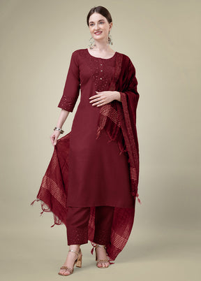 3 Pc Maroon Readymade Cotton Suit Set