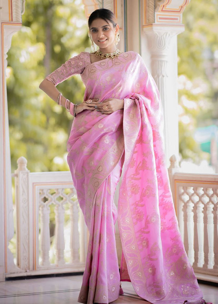 Light Pink Banarasi Silk Saree With Blouse Piece