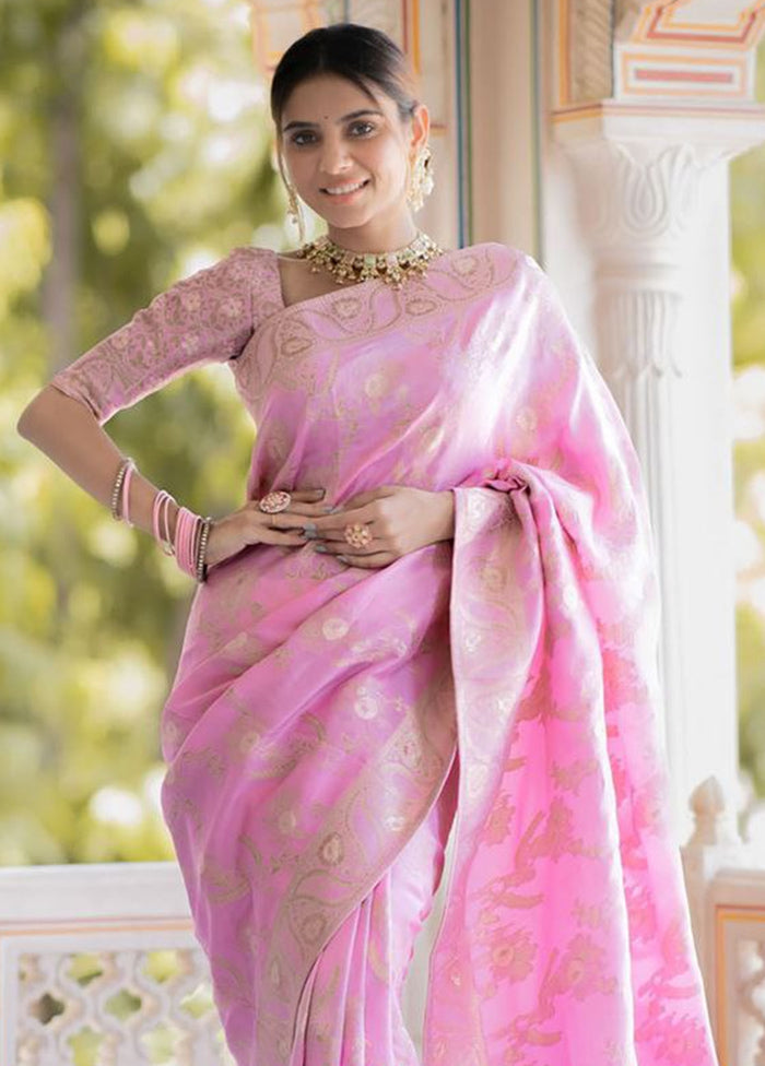 Light Pink Banarasi Silk Saree With Blouse Piece