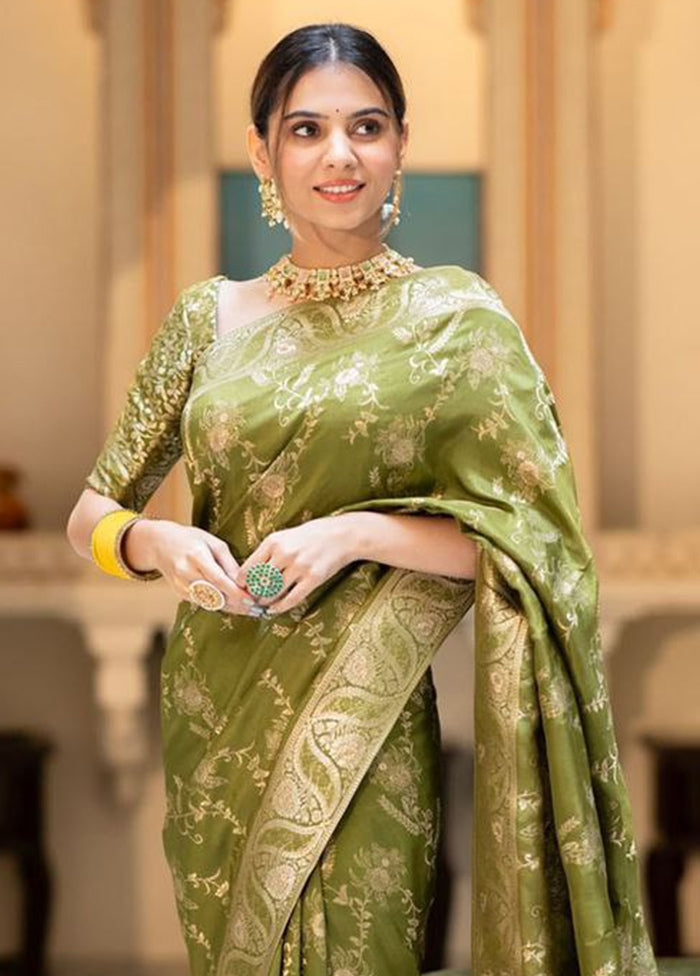 Mehendi Green Spun Silk Saree With Blouse Piece