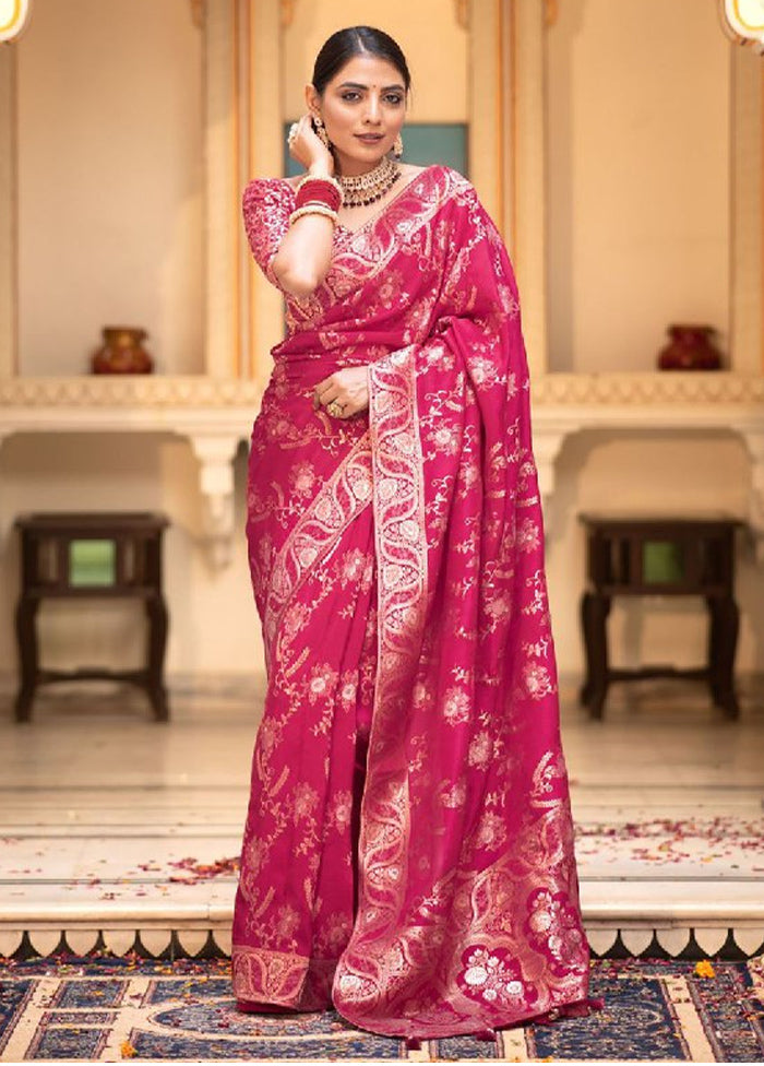 Pink Banarasi Silk Saree With Blouse Piece