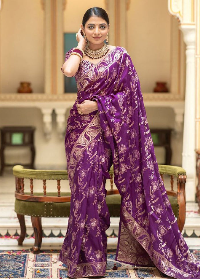 Purple Banarasi Silk Saree With Blouse Piece