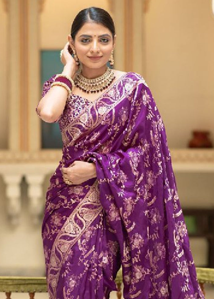 Purple Banarasi Silk Saree With Blouse Piece