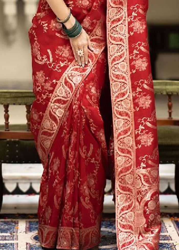 Red Banarasi Silk Saree With Blouse Piece