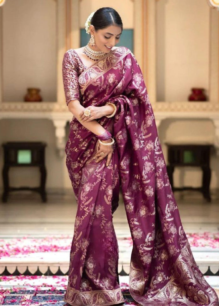 Wine Banarasi Silk Saree With Blouse Piece