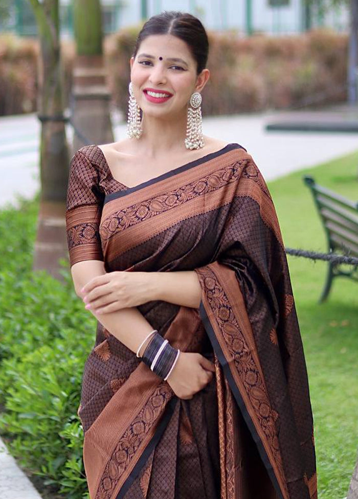 Brown Banarasi Silk Saree With Blouse Piece