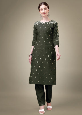 2 Pc Dark Green Readymade Cotton Kurti Set