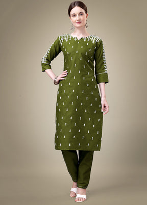 2 Pc Mehendi Green Readymade Cotton Kurti Set