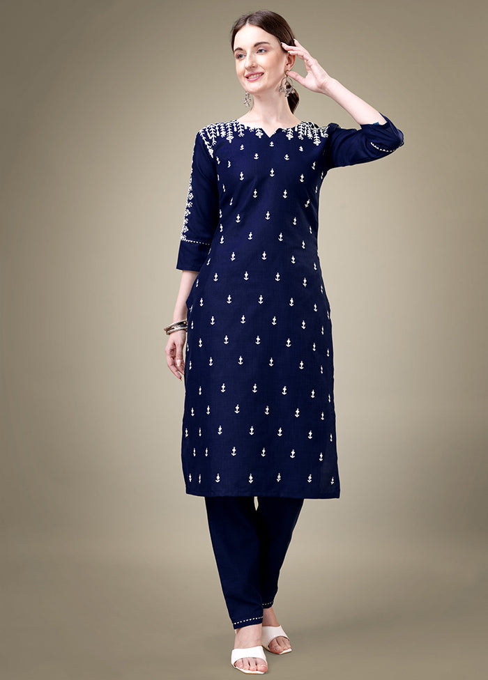 2 Pc Navy Blue Readymade Cotton Kurti Set