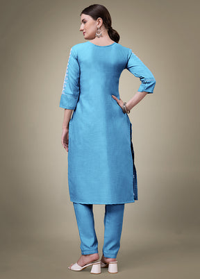 2 Pc Sky Blue Readymade Cotton Kurti Set