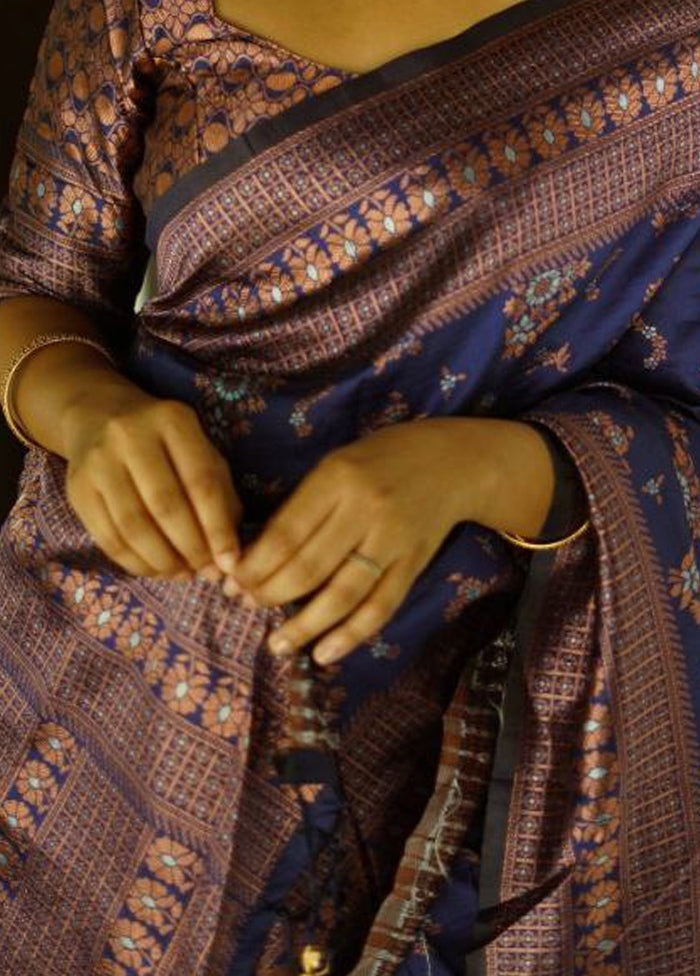 Blue Spun Silk Saree With Blouse Piece