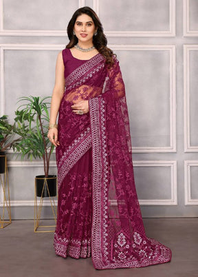 Burgundy Net Net Saree With Blouse Piece