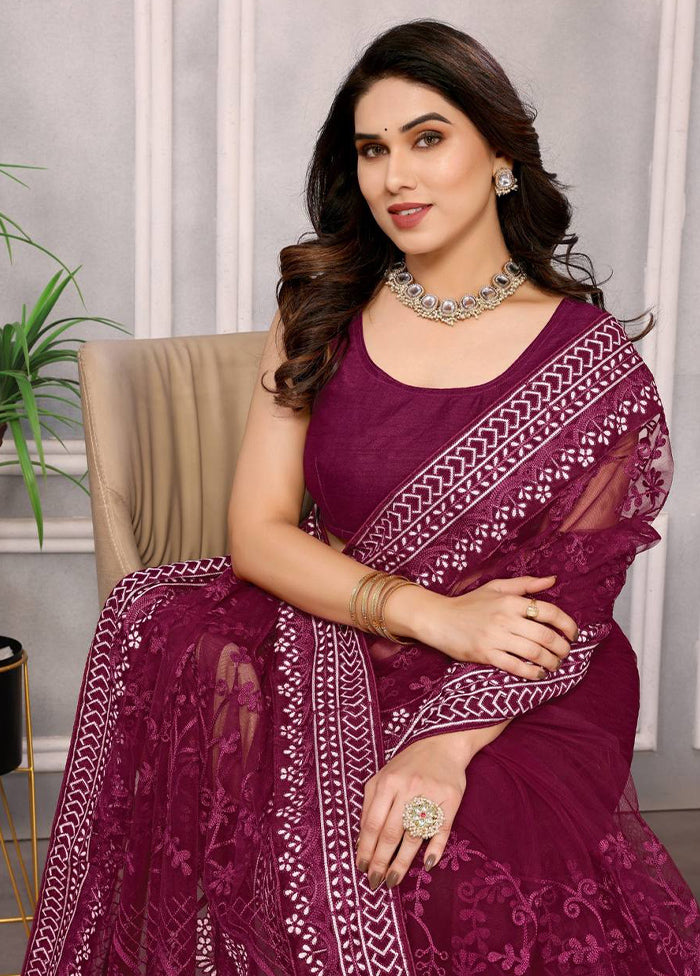 Burgundy Net Net Saree With Blouse Piece