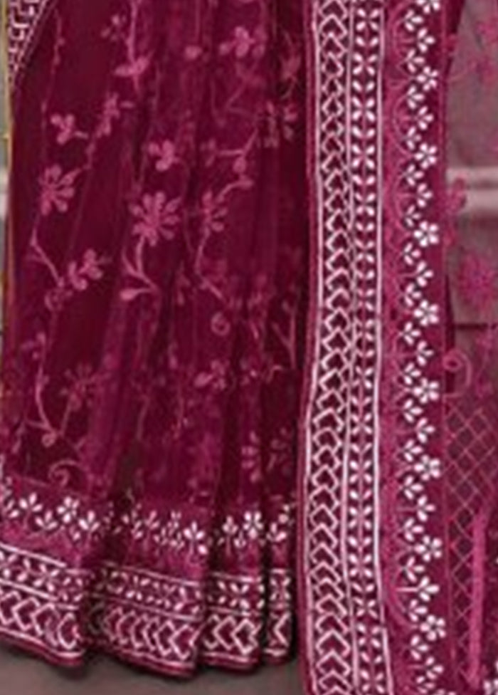 Burgundy Net Net Saree With Blouse Piece