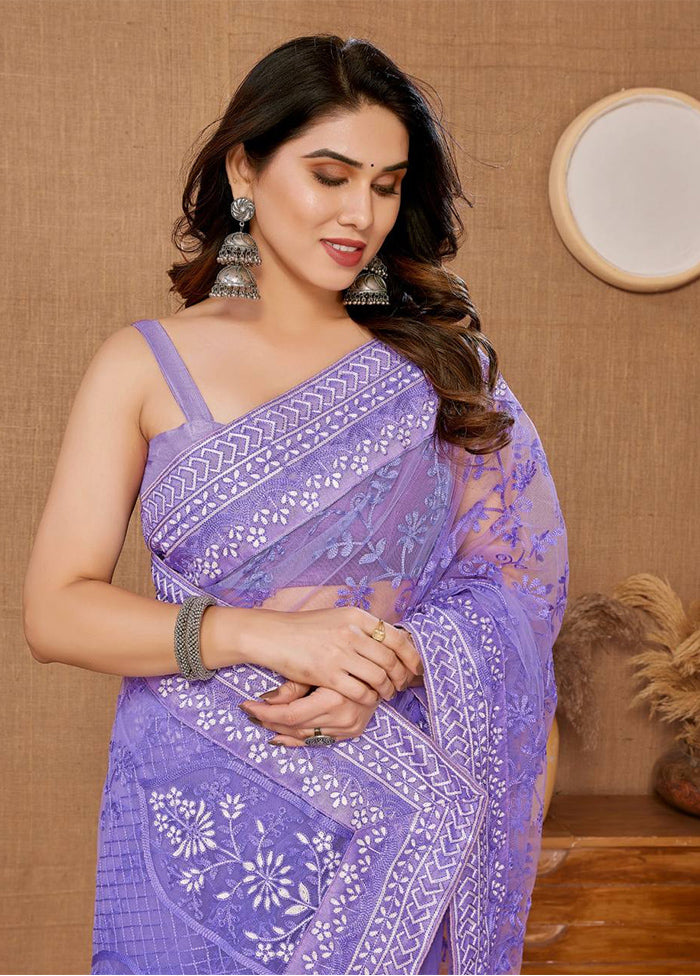 Lavender Net Net Saree With Blouse Piece