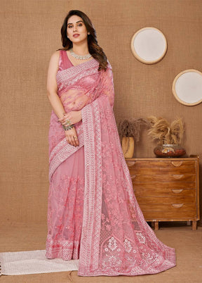 Pink Net Net Saree With Blouse Piece