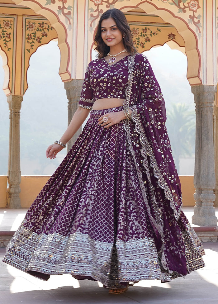 3 Pc Wine Pure Viscose Semi Stitched Lehenga Set