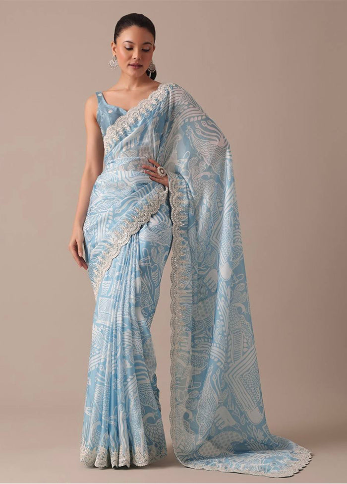 Sky Blue Georgette Saree With Blouse Piece