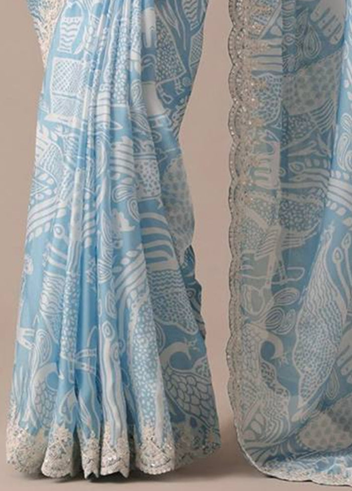 Sky Blue Georgette Saree With Blouse Piece