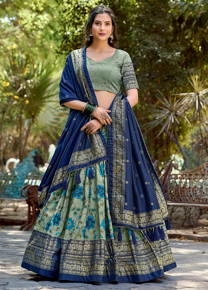 3 Pc Sea Green Silk Semi Stitched Lehenga Set