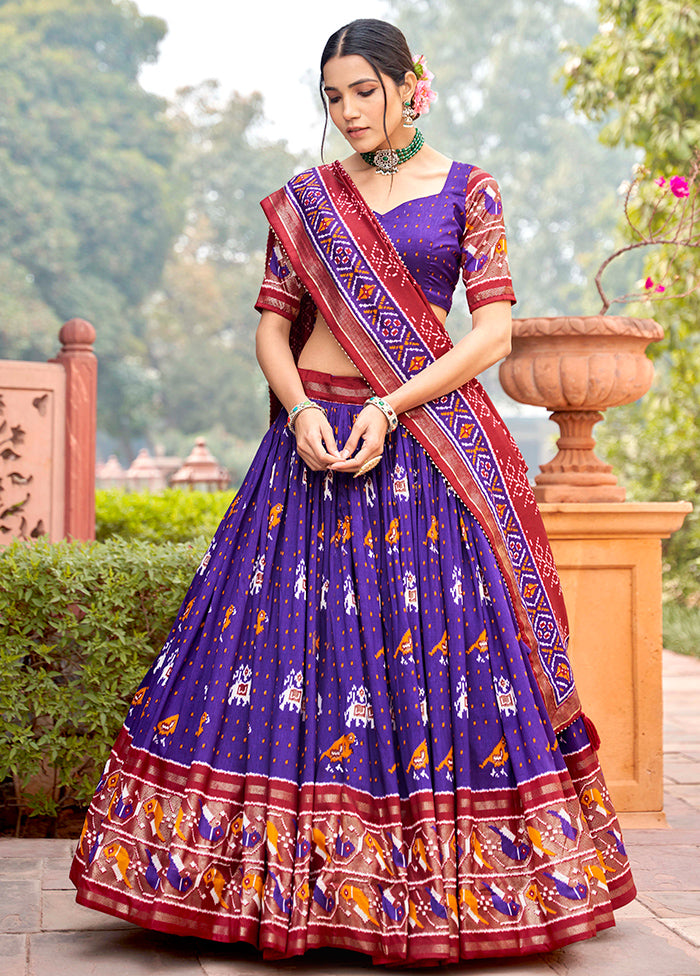 3 Pc Purple Silk Semi Stitched Lehenga Set