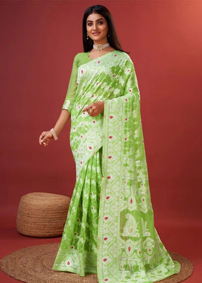 Parrot Green Cotton Saree With Blouse Piece