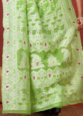 Parrot Green Cotton Saree With Blouse Piece