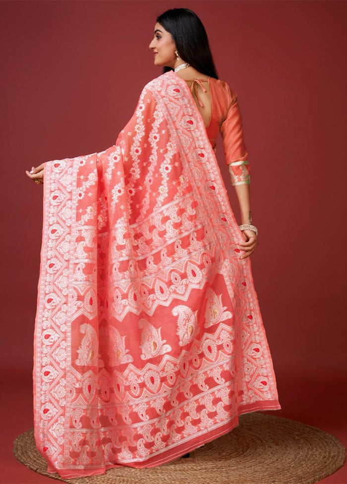 Peach Cotton Saree With Blouse Piece