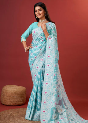 Sky Blue Cotton Saree With Blouse Piece