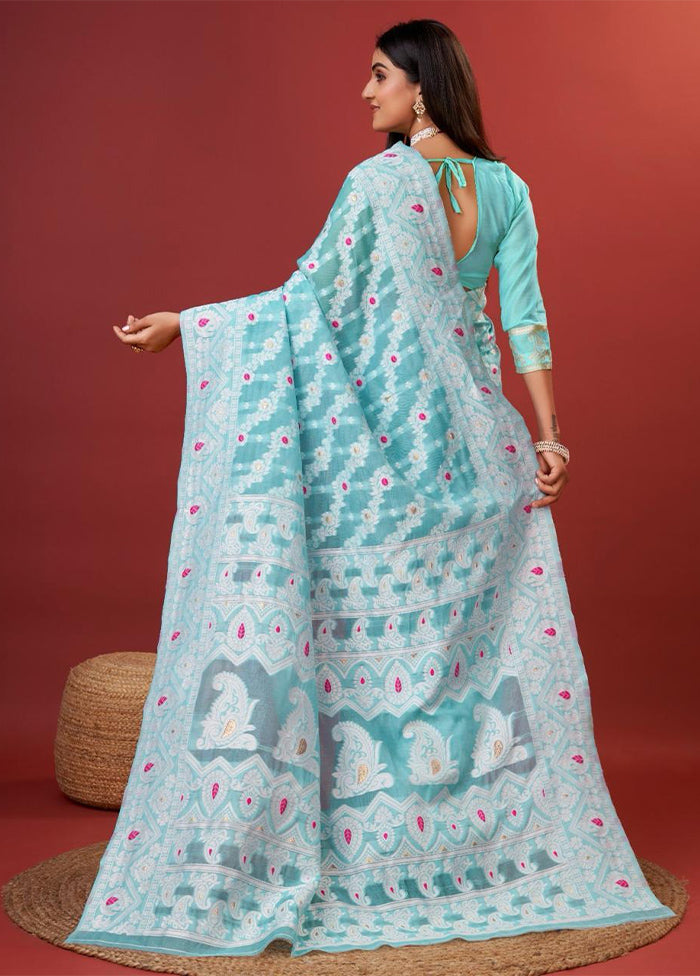 Sky Blue Cotton Saree With Blouse Piece