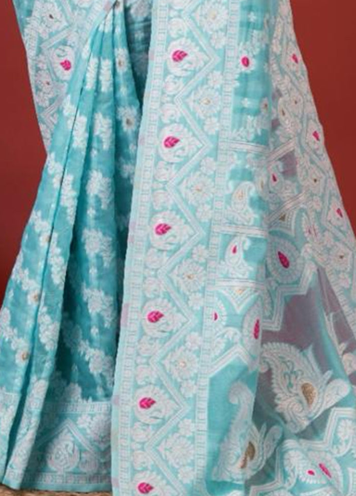 Sky Blue Cotton Saree With Blouse Piece