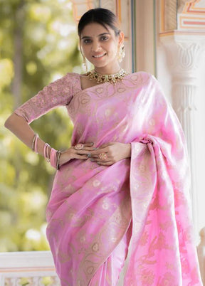 Baby Pink Banarasi Silk Saree With Blouse Piece