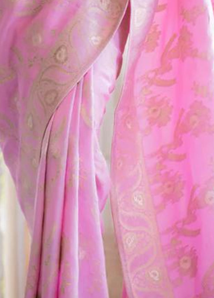 Baby Pink Banarasi Silk Saree With Blouse Piece