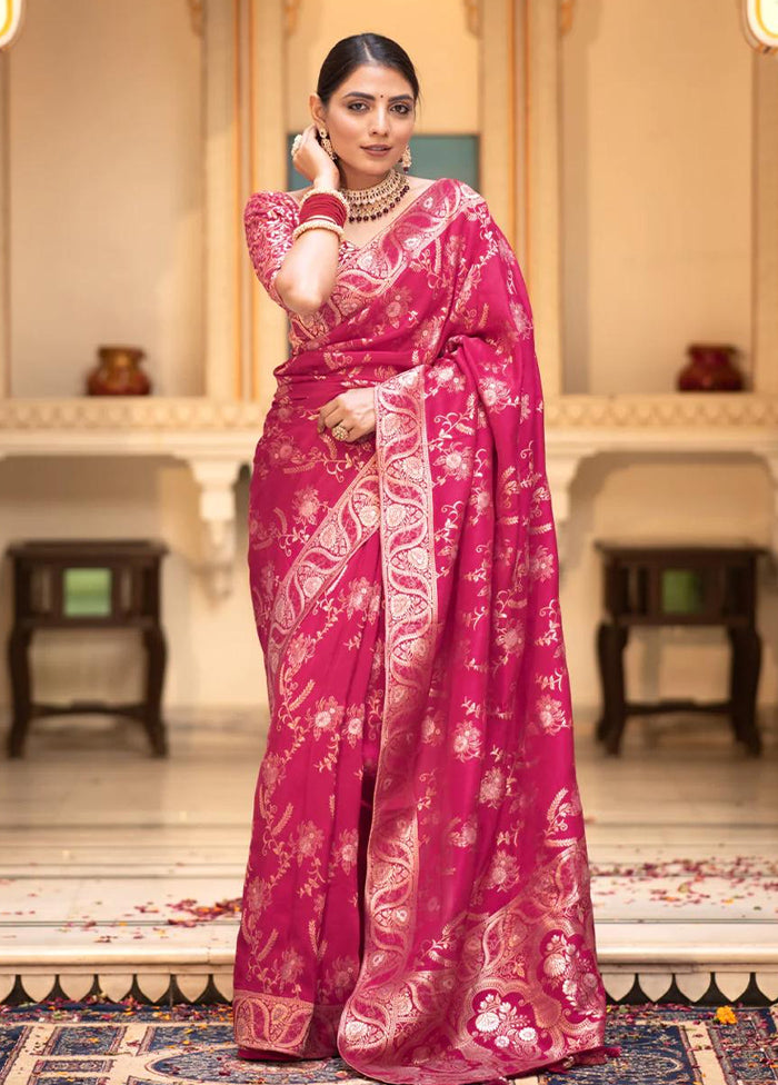 Pink Banarasi Silk Saree With Blouse Piece