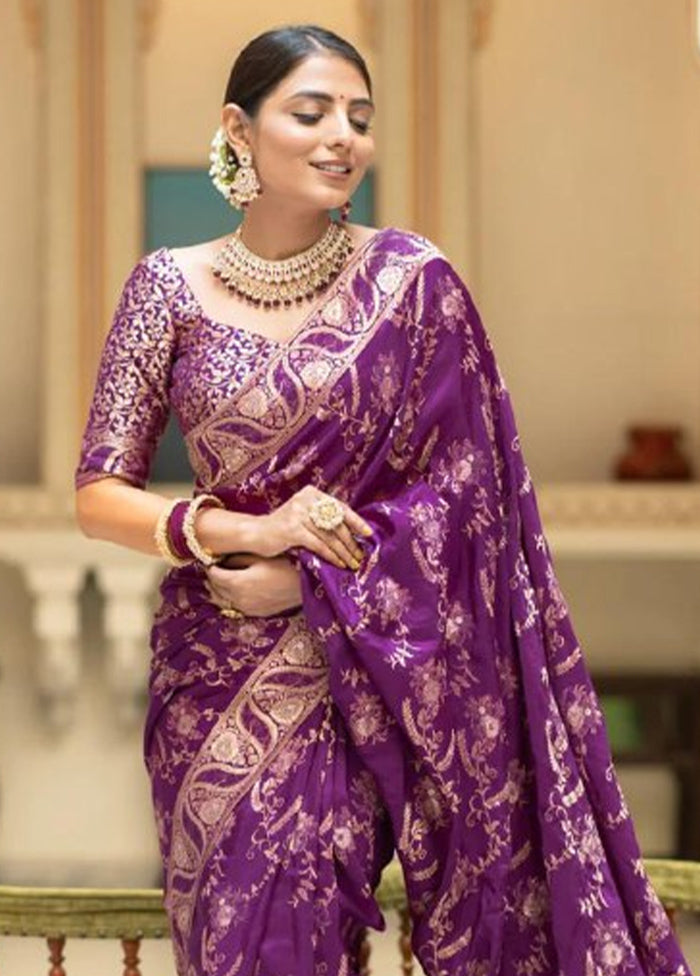 Purple Banarasi Silk Saree With Blouse Piece