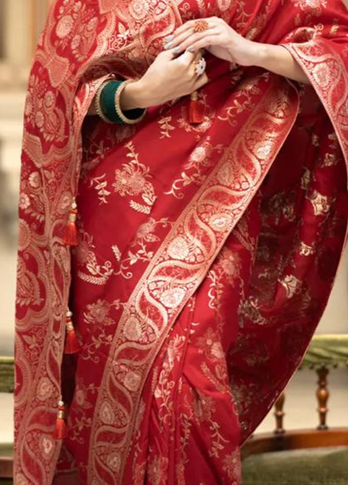 Red Banarasi Silk Saree With Blouse Piece