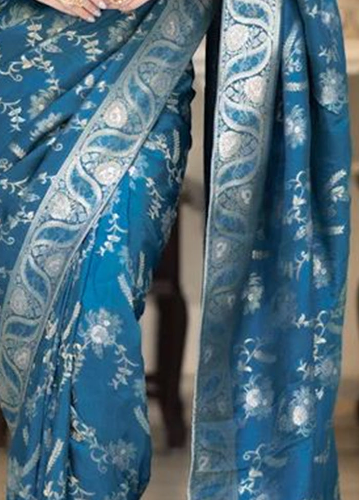 Teal Blue Banarasi Silk Saree With Blouse Piece